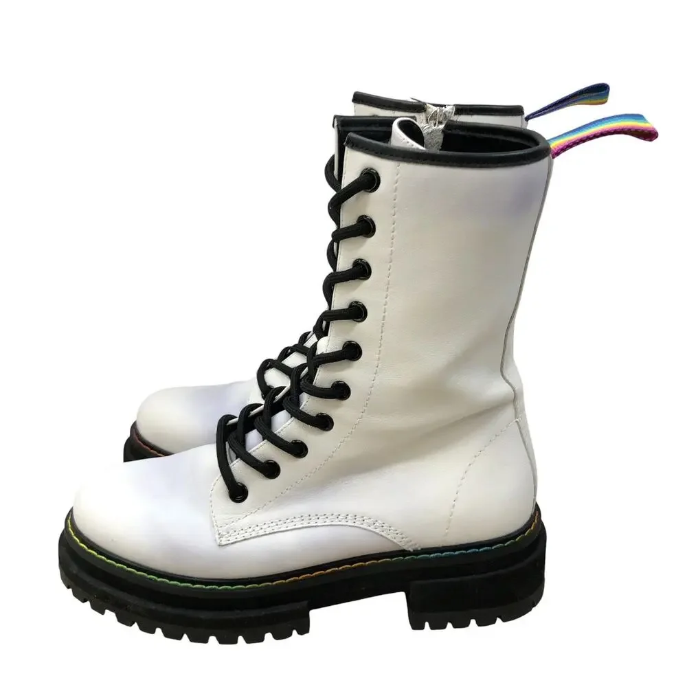 Kurt Geiger Boots Womens 37 White Leather Combat Platform Rainbow Stitch BLEMISH